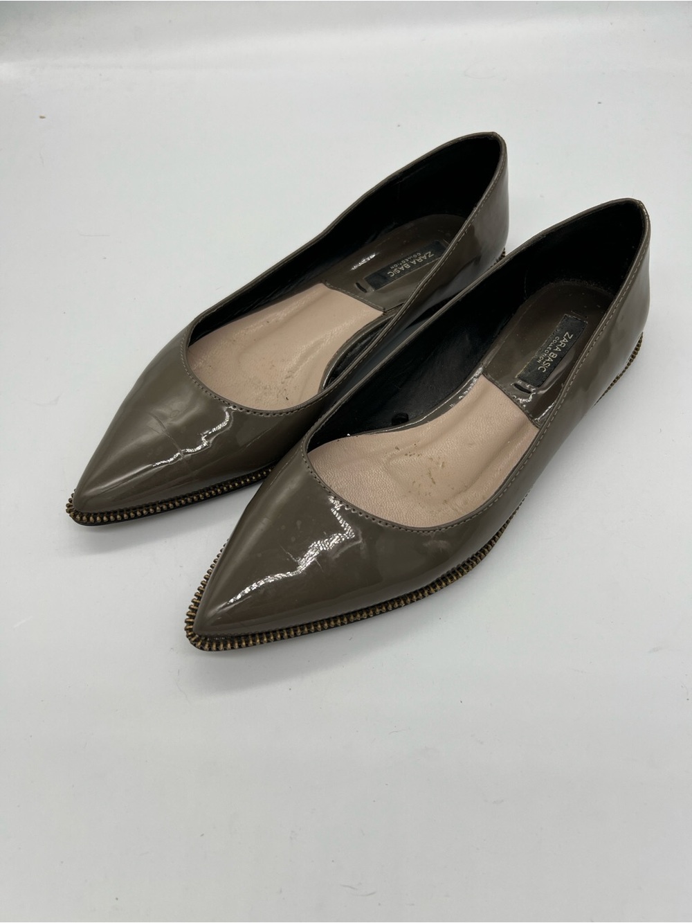 Zara grey Patent Pointed-Toe Flats with Zip-Edge Trim